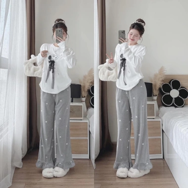 Đồ bộ nữ cotton in hình chó, quần ống suông và áo dài tay Xiaomimi - Giá 229k
