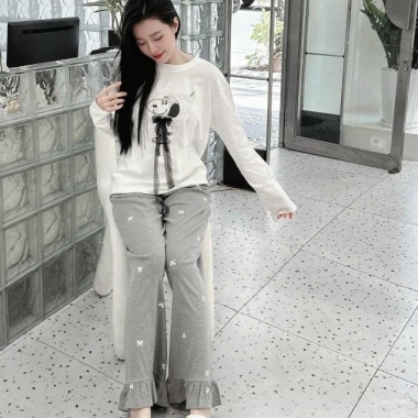 Đồ bộ nữ cotton in hình chó, quần ống suông và áo dài tay Xiaomimi - Giá 229k