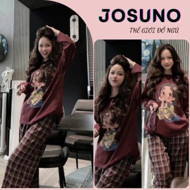 Đồ bộ nữ dài tay thu đông JOSUNO HCOM26.895 - họa tiết mix, quần suông kẻ đỏ, mặc nhà thoải mái, giảm còn 248.800₫