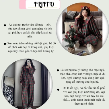 Đồ bộ nữ JOSUNO hcom3.537 - Bộ pijama dài tay thu đông họa tiết kẻ phối màu siêu xinh, 269.780₫ 3