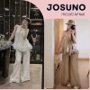 Đồ bộ nữ JOSUNO hcom3.626 dài tay áo họa tiết mix, quần kẻ ống loe siêu xinh - 168.800₫