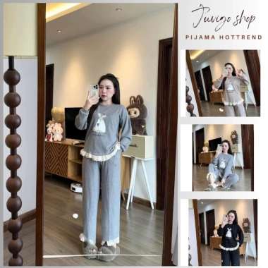 Đồ bộ nữ Juvigo chất len thỏ áo dài tay cổ tròn in hình mix quần suông ống rộng viền bèo tiểu thư 254.595 đồng
