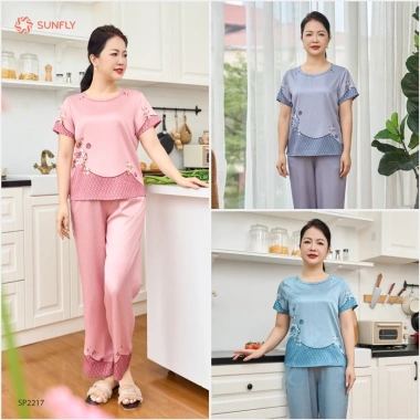 Đồ bộ nữ lụa satin jacquard SUNFLY SP2.217 áo cộc quần dài - cao cấp, giá chỉ 391.200₫