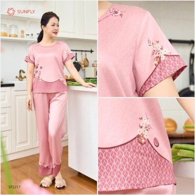 Đồ bộ nữ lụa satin jacquard SUNFLY SP2.217 áo cộc quần dài - cao cấp, giá chỉ 391.200₫