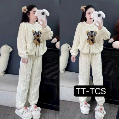 Đồ Bộ Nữ Pijama Mùa Đông Tay Dài Quần Dài Bông Nỉ In Gấu Ấm Mềm Mịn Áo Giữ Nhiệt