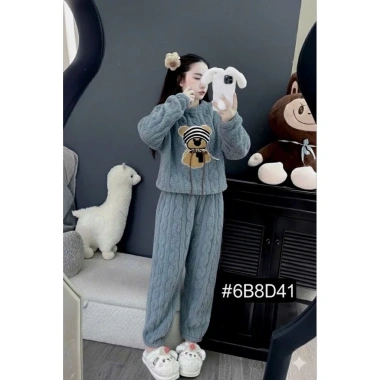 Đồ Bộ Nữ Pijama Mùa Đông Tay Dài Quần Dài Bông Nỉ In Gấu Ấm Mềm Mịn Áo Giữ Nhiệt