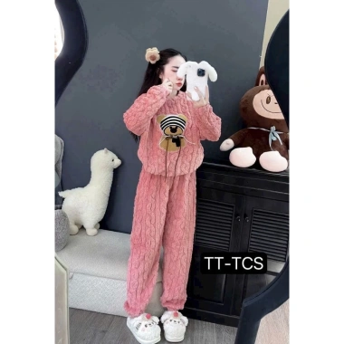 Đồ Bộ Nữ Pijama Mùa Đông Tay Dài Quần Dài Bông Nỉ In Gấu Ấm Mềm Mịn Áo Giữ Nhiệt