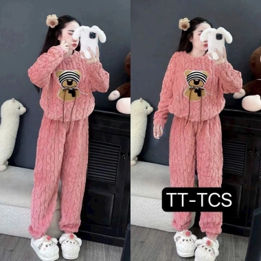 Đồ Bộ Nữ Pijama Mùa Đông Tay Dài Quần Dài Bông Nỉ In Gấu Ấm Mềm Mịn Áo Giữ Nhiệt