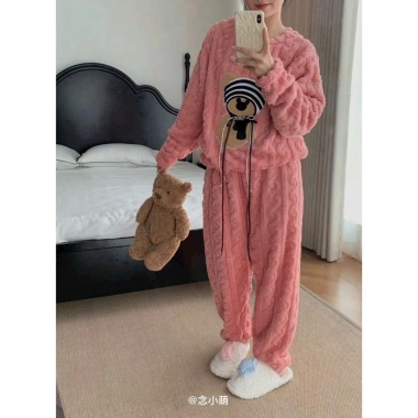 Đồ Bộ Nữ Pijama Mùa Đông Tay Dài Quần Dài Bông Nỉ In Gấu Ấm Mềm Mịn Áo Giữ Nhiệt