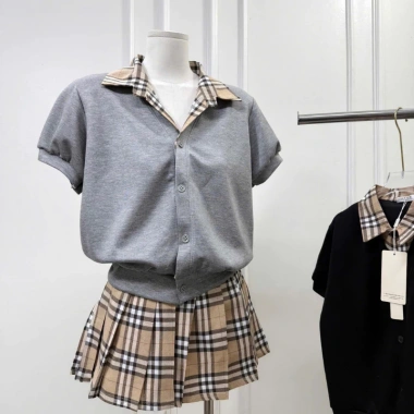 Đồ bộ nữ set áo cardigan cổ bẻ tay ngắn + chân váy xếp ly ngắn họa tết kẻ sang chảnh - Giá 249.000đ 4