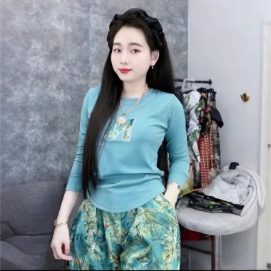 Đồ bộ nữ tay dài quần baggy thêu áo tăm lạnh, quần mango mềm mịn, vạt bầu A689