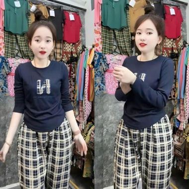 Đồ bộ nữ tay dài quần baggy thêu áo tăm lạnh, quần mango mềm mịn, vạt bầu A689