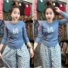 Đồ bộ nữ tay dài quần baggy thêu áo tăm lạnh, quần mango mềm mịn, vạt bầu A689 7