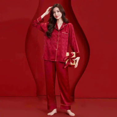 Đồ bộ pijama lụa Latin cao cấp tay dài màu đỏ TD063 - Giá chỉ 280.800₫