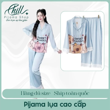 Đồ bộ pijama lụa tay dài, quần dài in hình capybara, size 42-65kg, giá 131.500đ