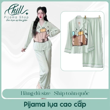 Đồ bộ pijama lụa tay dài, quần dài in hình capybara, size 42-65kg, giá 131.500đ