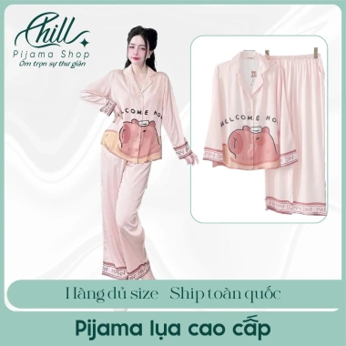 Đồ bộ pijama lụa tay dài, quần dài in hình capybara, size 42-65kg, giá 131.500đ