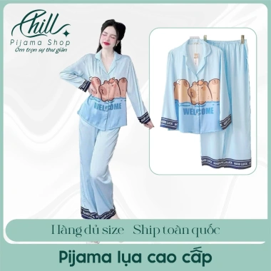 Đồ bộ pijama lụa tay dài, quần dài in hình capybara, size 42-65kg, giá 131.500đ