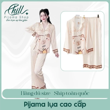 Đồ bộ pijama lụa tay dài, quần dài in hình capybara, size 42-65kg, giá 131.500đ