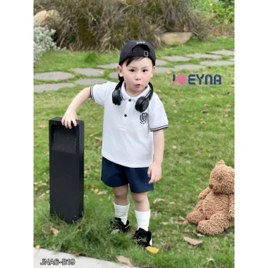 Đồ Bộ Polo Cộc Tay Bé Trai Thêu Chữ Cotton Mềm Thấm Hút Mồ Hôi Size 8 23kg 245k