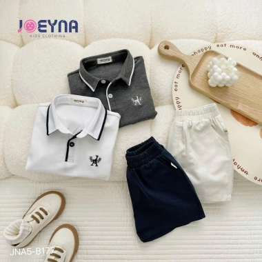 Đồ Bộ Polo Cộc Tay Bé Trai Thêu Chữ Cotton Mềm Thấm Hút Mồ Hôi Size 8 23kg 245k