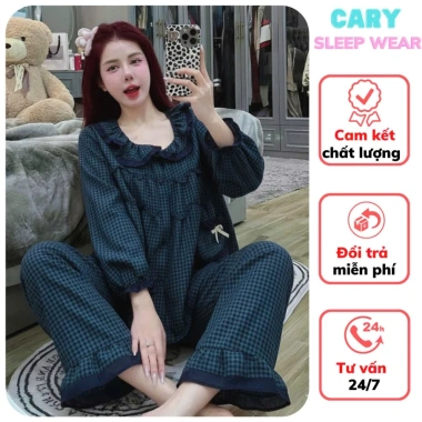 Đồ bộ tay dài nữ mặc nhà chất đũi xốp cao cấp, bèo tơ siêu xinh, caro dễ thương - CARY 115k