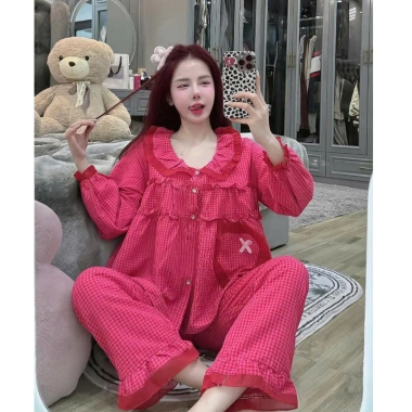 Đồ bộ tay dài nữ mặc nhà chất đũi xốp cao cấp, bèo tơ siêu xinh, caro dễ thương - CARY 115k