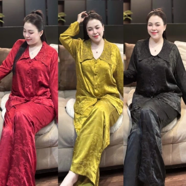 Đồ bộ tay dài, quần dài lụa phi mã cổ thêu sang trọng - nhiều màu, size lên tới 80kg, chỉ 365.000