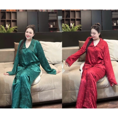 Đồ bộ tay dài, quần dài lụa phi mã cổ thêu sang trọng - nhiều màu, size lên tới 80kg, chỉ 365.000 6