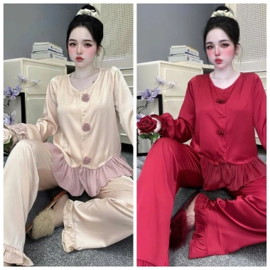 Đồ Bộ Tiểu Thư Mặc Nhà – Áo Nút Bọc Viền Bèo Voan, Lụa Latin Mềm Mịn, Size