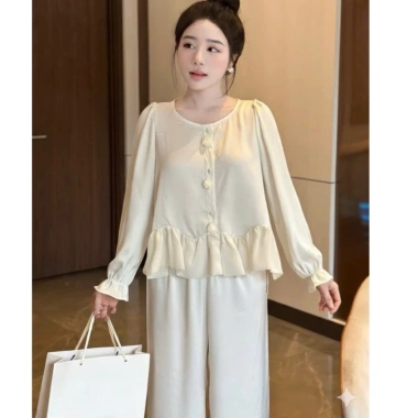 Đồ Bộ Tiểu Thư Mặc Nhà – Áo Nút Bọc Viền Bèo Voan, Lụa Latin Mềm Mịn, Size