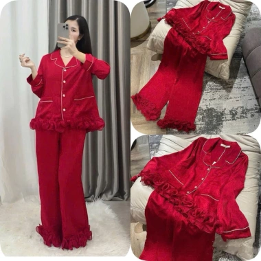 Đồ bộ tiểu thư ren xoắn nút đá sang trọng – Pyjama nữ vải lụa mềm mịn Freesize