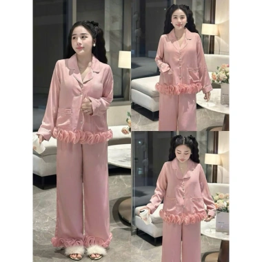 Đồ bộ tiểu thư ren xoắn nút đá sang trọng – Pyjama nữ vải lụa mềm mịn Freesize