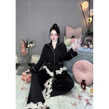 Đồ bộ tiểu thư ren xoắn nút đá sang trọng – Pyjama nữ vải lụa mềm mịn Freesize