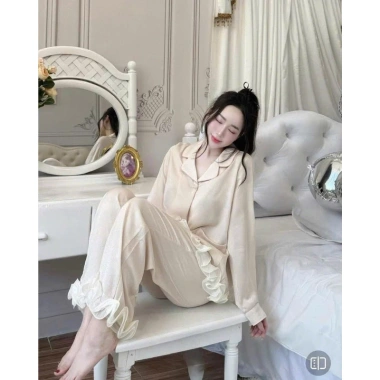 Đồ bộ tiểu thư ren xoắn nút đá sang trọng – Pyjama nữ vải lụa mềm mịn Freesize