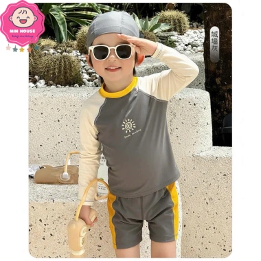 Đồ bơi 2 mảnh bé trai 10-45kg dưới 1m5 áo tay dài, quần 2 lớp phối viền, giá 219.000 đồng - đi biển, đi bơi
