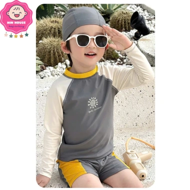 Đồ bơi 2 mảnh bé trai 10-45kg dưới 1m5 áo tay dài, quần 2 lớp phối viền, giá 219.000 đồng - đi biển, đi bơi