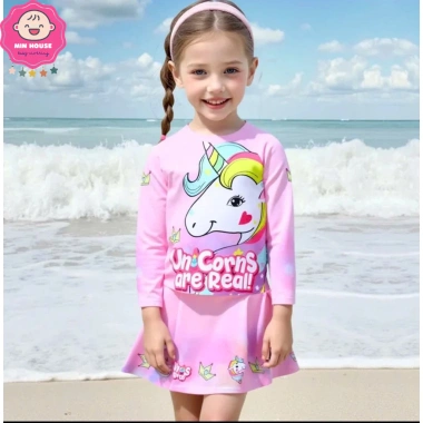 Đồ bơi 2 mảnh tay dài, chân váy ngựa Pony cho bé gái 10-25kg, đi biển, đi bơi