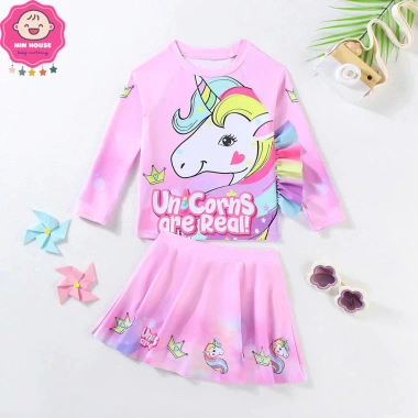 Đồ bơi 2 mảnh tay dài, chân váy ngựa Pony cho bé gái 10-25kg, đi biển, đi bơi