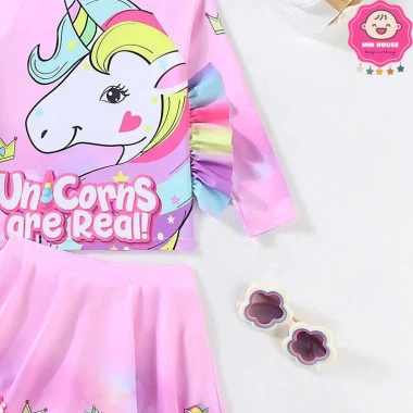 Đồ bơi 2 mảnh tay dài, chân váy ngựa Pony cho bé gái 10-25kg, đi biển, đi bơi