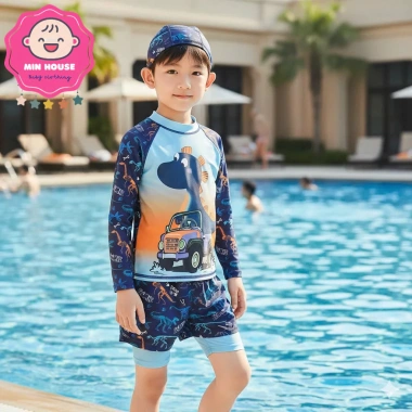 Đồ bơi 2 mảnh tay dài, quần 2 lớp họa tiết in tràn cho bé trai 10-45kg dưới 1m55 - Đi biển, đi bơi giá 230k 2