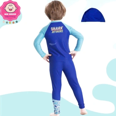Đồ bơi 2 mảnh tay dài, quần dài hoạ tiết cá mập + nón cho bé trai 10-43kg - Giá ưu đãi 189k 5