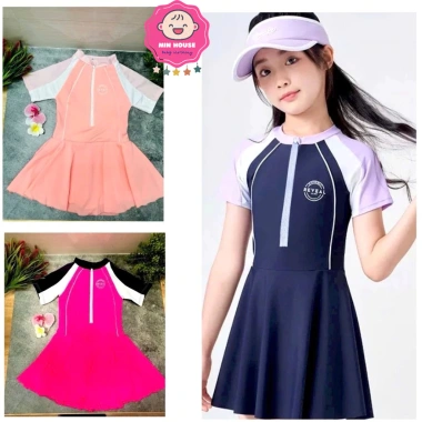 Đồ bơi bikini liền thân kiểu váy tay ngắn viền trắng cho bé gái giá chỉ 199.000đ 3