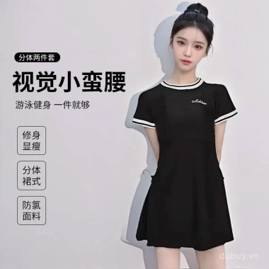 Đồ bơi hai mảnh Hàn Quốc, váy ngắn eo cao, màu khối, kiểm soát bụng - Giảm 20% 2