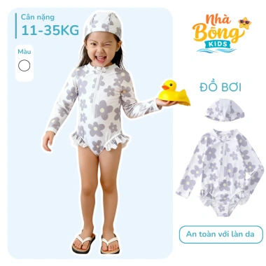 Đồ Bơi Liền Thân Bé Gái Tay Dài Hoa Tím Co Giãn 4 Chiều Không Bí Da, Nhân Bông, Giá Ưu Đãi 179k