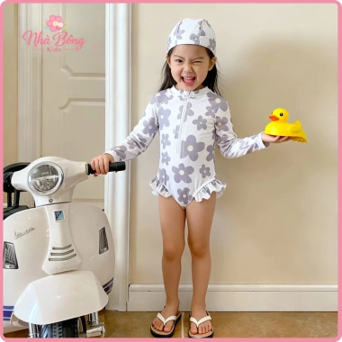 Đồ Bơi Liền Thân Bé Gái Tay Dài Hoa Tím Co Giãn 4 Chiều Không Bí Da, Nhân Bông, Giá Ưu Đãi 179k 2