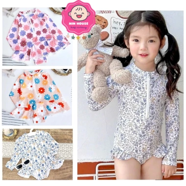 Đồ bơi liền thân tay dài hoa lá cherry cho bé gái 10-38kg - Siêu nhẹ, thích hợp đi biển, đi bơi - Giá 129.000₫