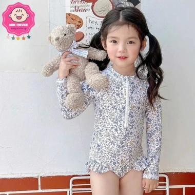 Đồ bơi liền thân tay dài hoa lá cherry cho bé gái 10-38kg - Siêu nhẹ, thích hợp đi biển, đi bơi - Giá 129.000₫