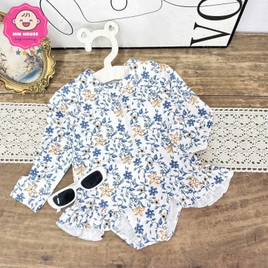 Đồ bơi liền thân tay dài hoa lá cherry cho bé gái 10-38kg - Siêu nhẹ, thích hợp đi biển, đi bơi - Giá 129.000₫