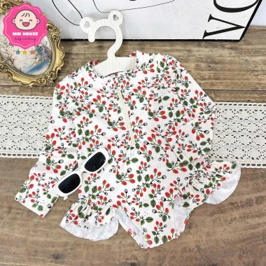 Đồ bơi liền thân tay dài hoa lá cherry cho bé gái 10-38kg - Siêu nhẹ, thích hợp đi biển, đi bơi - Giá 129.000₫